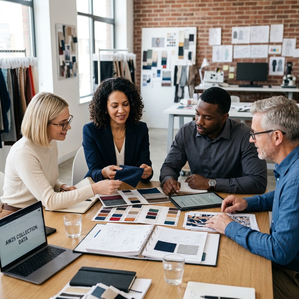 Team reviewing fabric